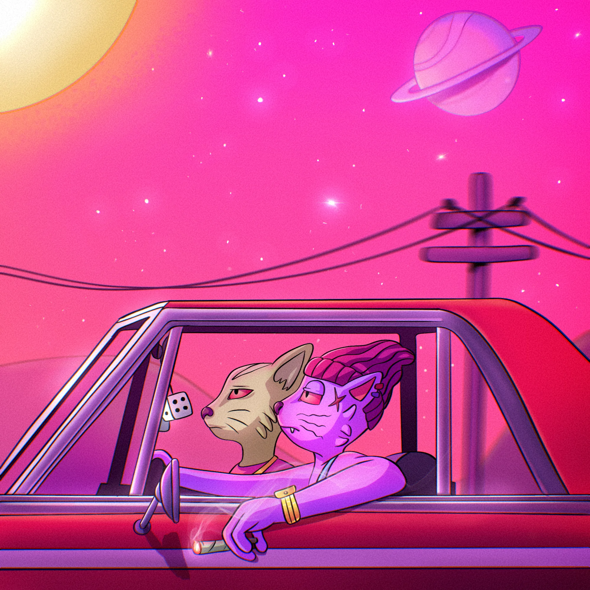 A trippy cat cruising down the highway in a beat up car