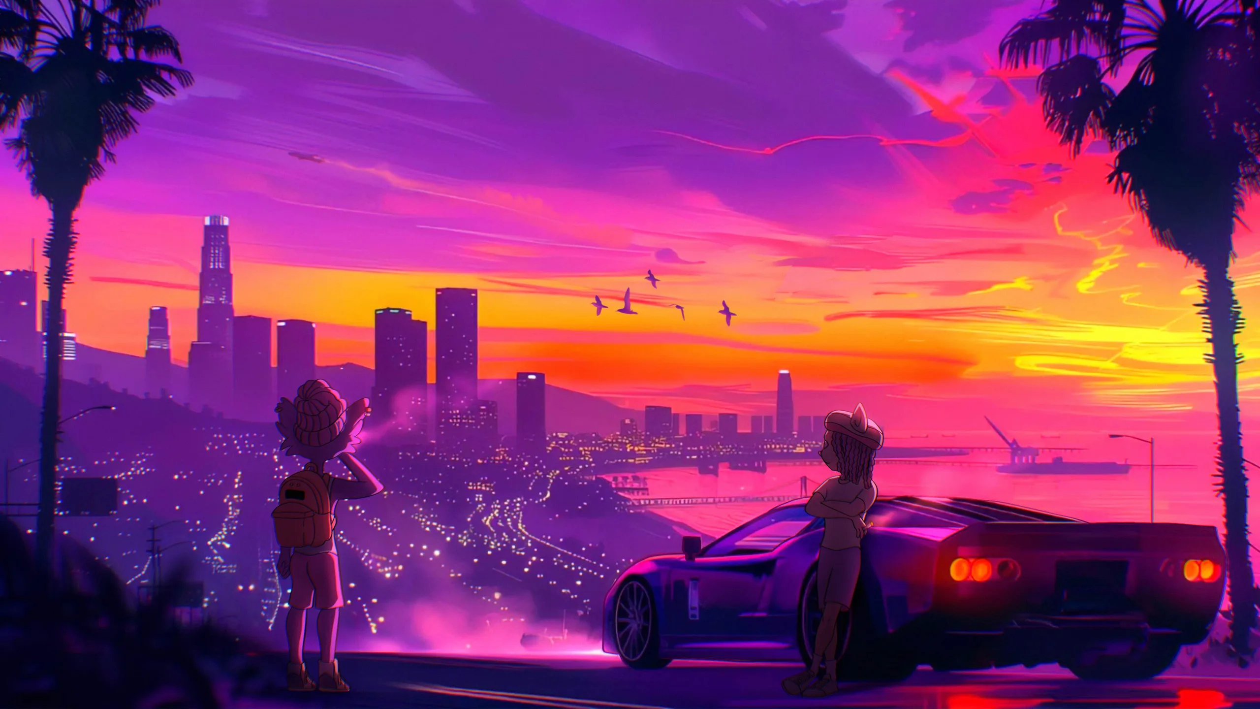 Two cats on a rooftop watching a glowing neon city skyline at night
