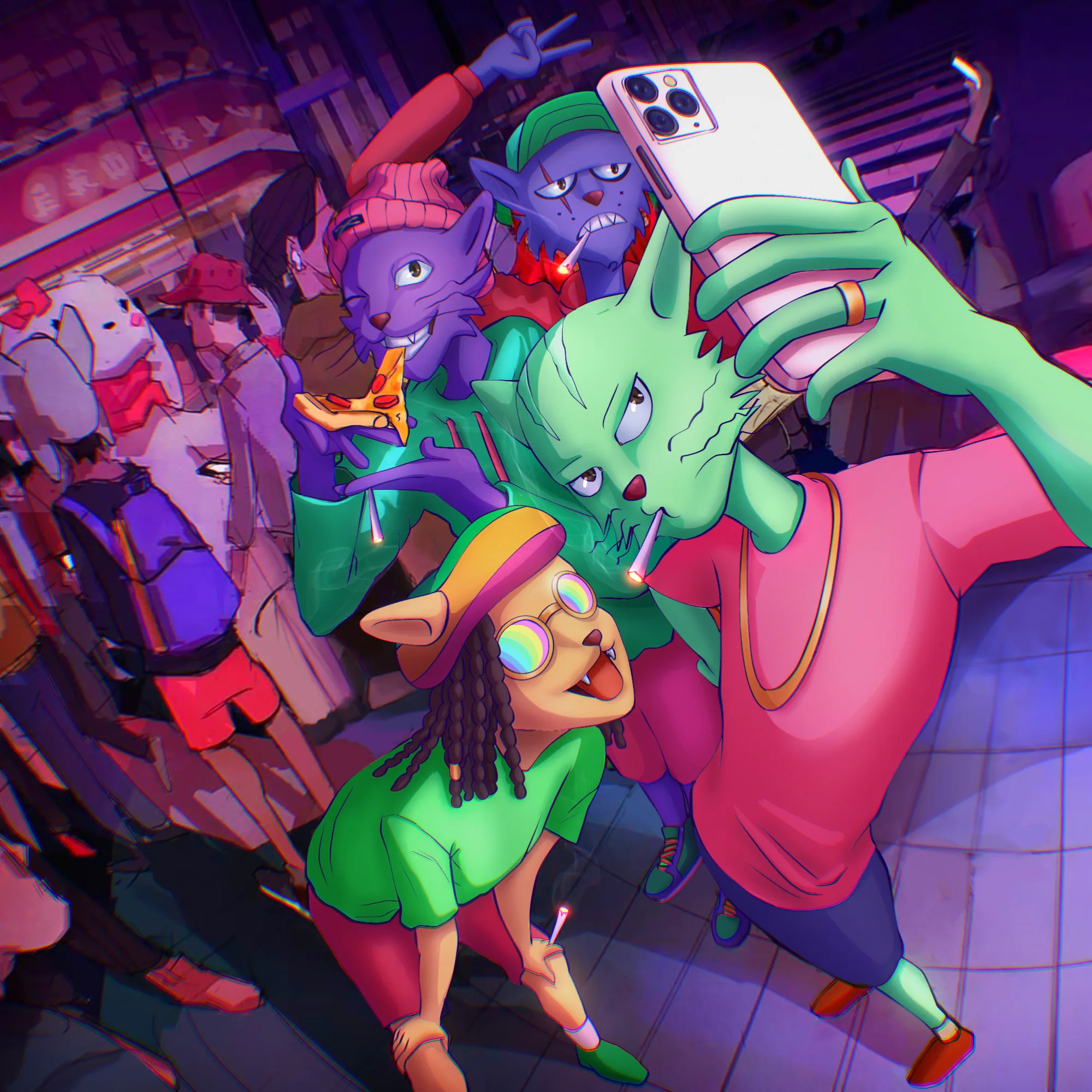 The crew leaning in for a street selfie under pink neon signs